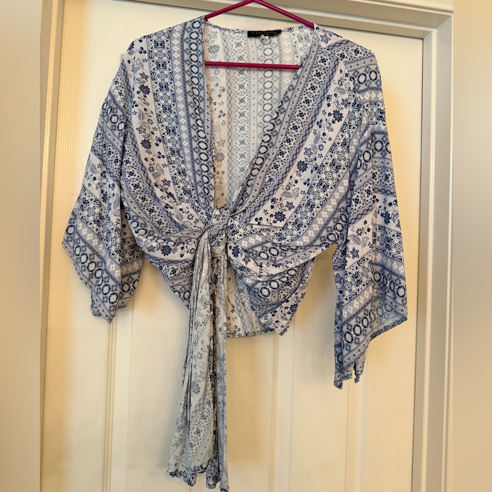 Blue & White Boho Tie-Front Crop Top